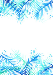 Fototapeta na wymiar Blue coconut leaves with blue bubble watercolor hand painting for decoration on summer beach events.