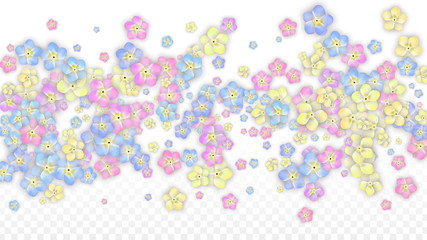 Colorful Vector Realistic Petals Falling on Transparent Background.  Spring Romantic Flowers Illustration. Flying Petals. Sakura Spa Design. Blossom Confetti. Design Elements for Wedding Decoration.