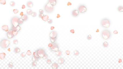 Vector Realistic Petals and Hearts Confetti. Flying Sakura and Hearts on Transparent Background. Wedding Invitation Background. Spring Romance Poster. Vector Illustration for Anniversary Design.
