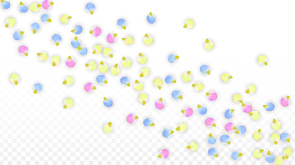 Vector Realistic Colorful Petals Falling on Transparent Background.  Spring Romantic Flowers Illustration. Flying Petals. Sakura Spa Design. Blossom Confetti. Design Elements for Wedding Decoration.