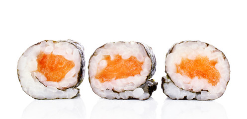 Sushi roll pieces with salmon, rice and nori