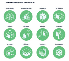 3D Design & Workflow icon set - green flat