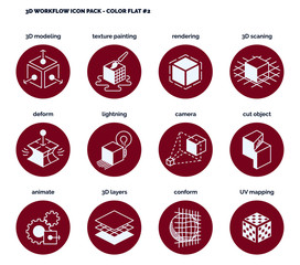 3D Design & Workflow icon set - red flat