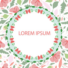 Vector pink hand drawn flowers and green leaves template with inner frame to insert own text. Great for spa, wellbeing, nature products, stationery, greeting cards, invitations, flyers, labels