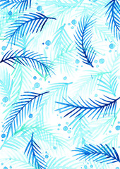 Blue coconut leaves with blue bubble watercolor hand painting for decoration on summer beach events.