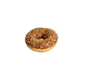 Chocolate and hazelnut doughnut isolated on white background, no shadow