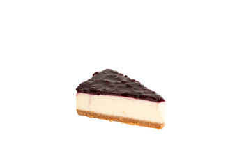 Slice of blueberries cheese cake isolated on white background, no shadow