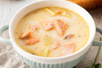 Finnish creamy soup with salmon, potatoes, onions, and carrots