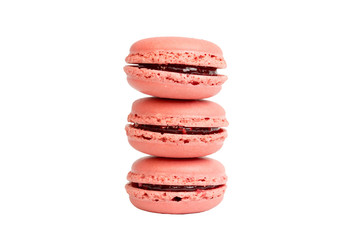 Three pink strawberry macaroons stack on top of each other isolated on white background, no shadow