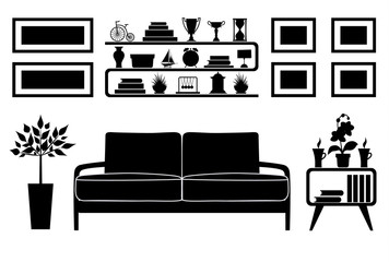 Silhouette of a reception room with furniture and accessories. Vector stencil interior.