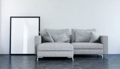 Empty grey sofa with white frame on the floor