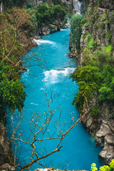 River between canyon and forest. Manavgat, Antalya, Turkey. Blue river. Rafting tourism.