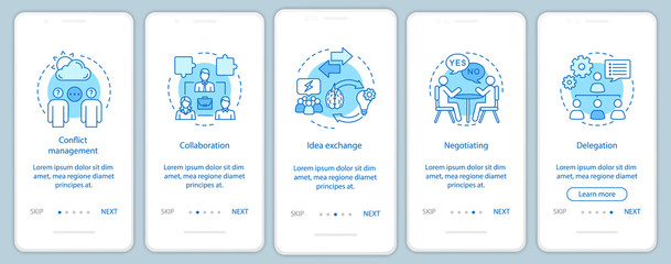 Teamwork skills and qualities onboarding mobile app page screen 