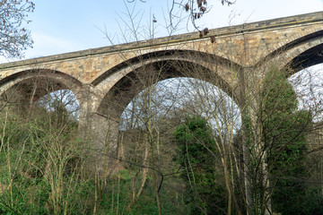 Fototapeta na wymiar An old medieval bridge in Dean Village, Edinburgh, Scotland. 