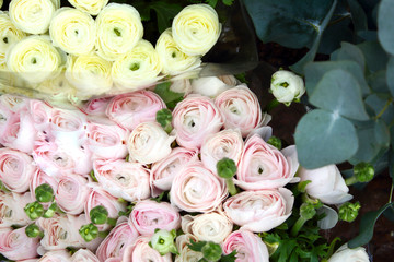 Beautiful delightful bright pink blooming bouquets of roses, peonies as a gift for 14 february Valentine's Day, birthday, anniversary background pattern