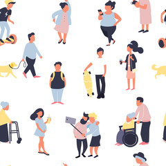 Seamless pattern with cartoon people walking on street. Crowd of male and female tiny characters. Colorful vector seamless pattern in trandy flat style for wallpaper, fabric print
