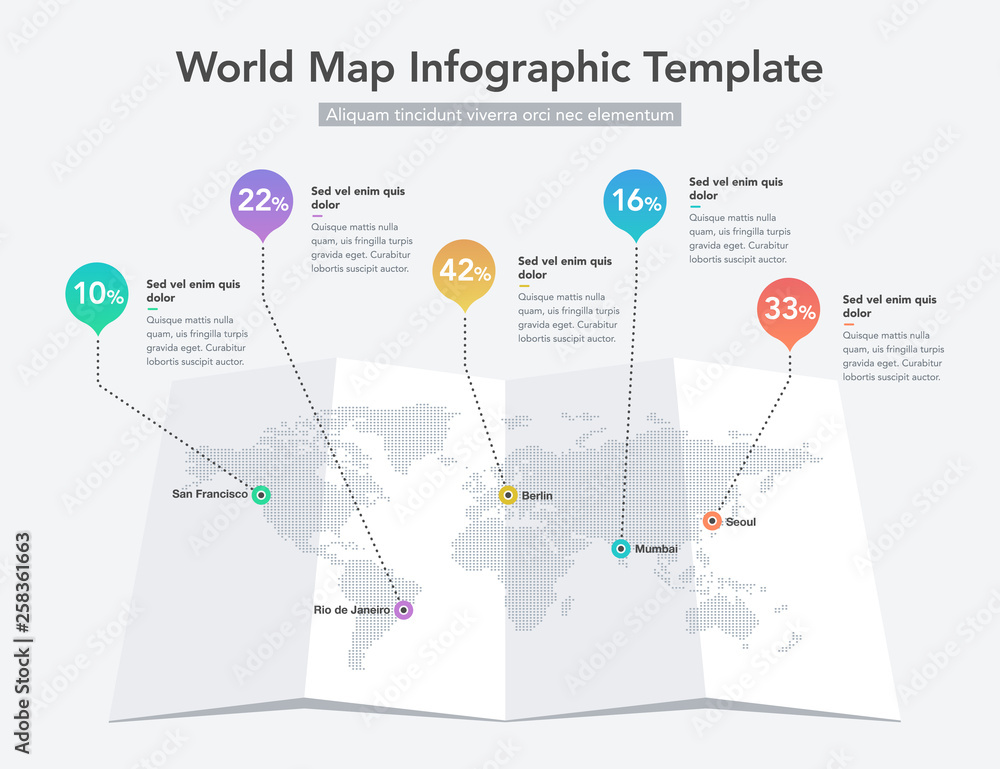 Poster World map infographic template with colorful pointer marks. Easy to use for your design or presentation.