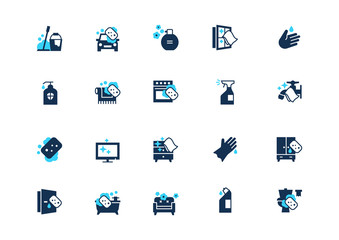 Set of cleaning icons with blue accent, isolated on light background. Contains such icons: Floor cleaning, Toilet cleaning, Car washing, Window cleaning, Disinfectant and more.