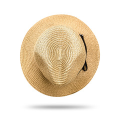 Straw hat isolated on white background. Panama hat style with black ribbon. ( Clipping path )