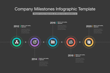 Modern infographic for company milestones timeline with colorful circles, glyph icons and place for your content - dark version. Easy to use for your website or presentation.