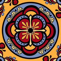 Seamless pattern with circular ornaments in dark blue, red, orange and yellow tones