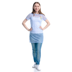 Woman in blue jeans standing smiling looking on white background isolation