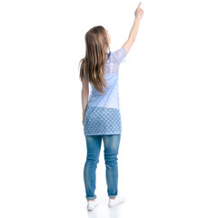 Woman in blue jeans standing pointing showing on white background isolation, back view