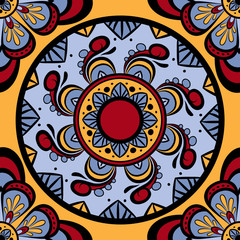 Seamless pattern with circular ornaments in blue, red and yellow tones