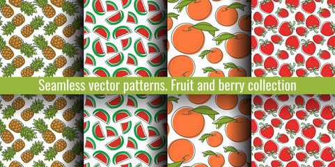 Peach, watermelon, pineapple, strawberry. Seamless pattern set. Juicy fruit and berry collection. Hand drawn color vector sketch background. Colorful doodle wallpaper. Summer print