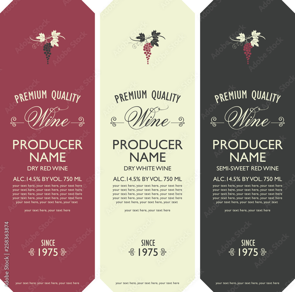 Poster Set of three vector labels for red and white wine with bunches of grapes, calligraphic inscriptions and place for text in retro style