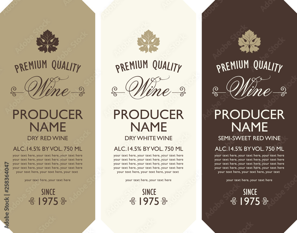 Poster set of three vector labels for red and white wine with vine leaves, calligraphic inscriptions and pl