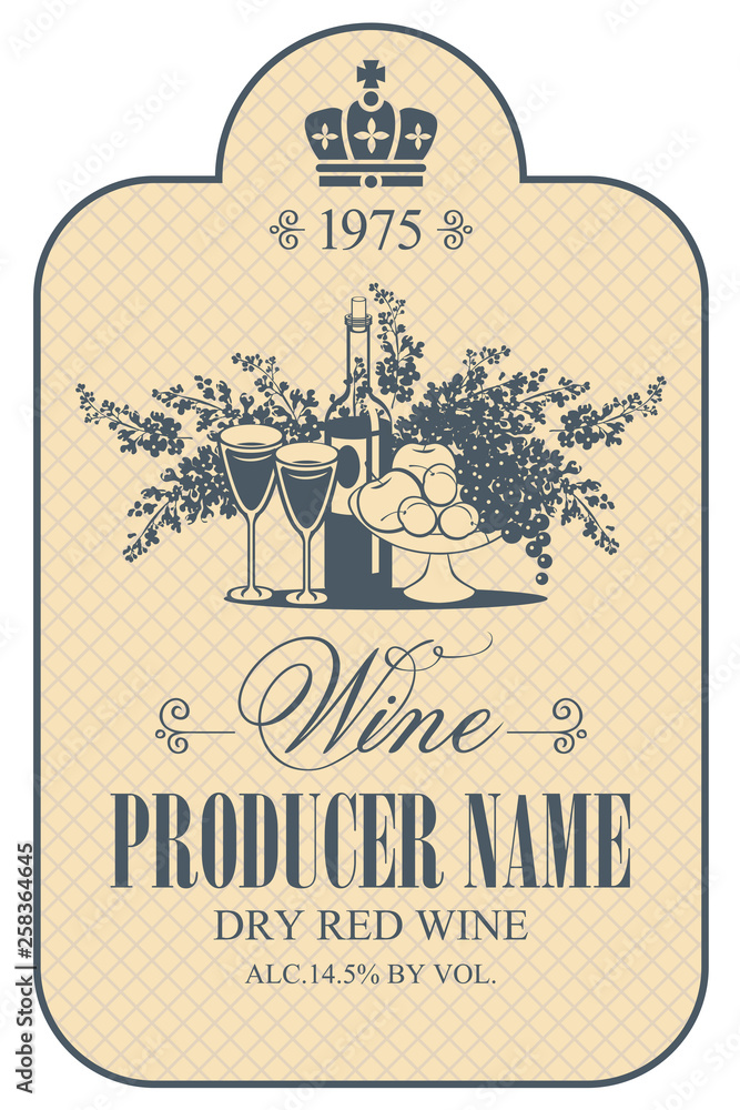 Poster vector label for dry red wine with still life and calligraphic inscription in figured frame on a lig