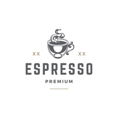 Coffee or tea shop emblem template cup silhouette with retro typography vector illustration