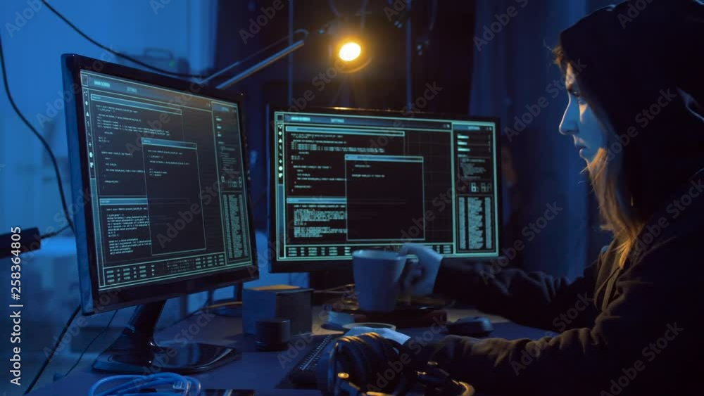 Poster cybercrime, hacking and technology concept - female hacker in dark room creating code or using compu