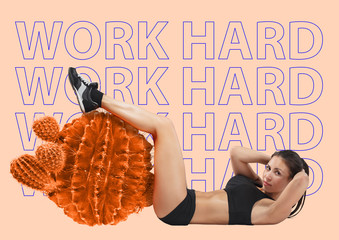 Work hard even if it's barbed. Overcoming. A woman training with orange cactus as a fit-ball in gym against light background. Fitness and sport concept. Modern design. Contemporary art collage.