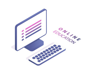 Online education concept banner with characters. Flat isometric vector illustration isolated on white background. Web banner, infographics, hero images and mobile app.