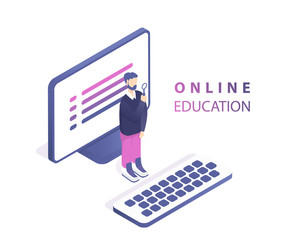 Online education concept banner with characters. Flat isometric vector illustration isolated on white background. Web banner, infographics, hero images and mobile app.