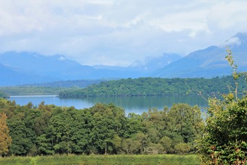 Loch Lomond, Scotland - view of lake from banks and Ben Lomond slopes 