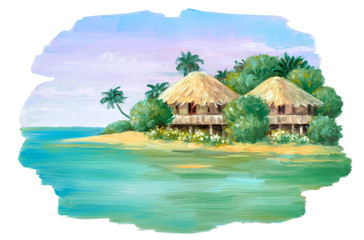 Oil painted bungalow on the beach