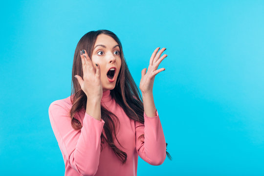 Shocked Amazing Woman Isolated On Blue Background