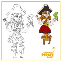 Cute cartoon girl in pirate costume with parrot color and outlined isolated on white background