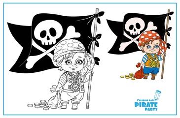 Cute cartoon boy in pirate costume holding a jolly roger and bag of coins color and outlined isolated on white background