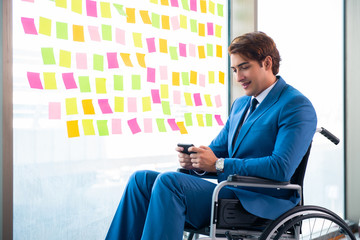 Young handsome man in wheelchair with many conflicting prioritie