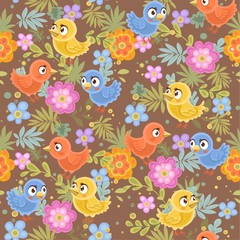 Seamless decorative ornament of birds and flowers on a dark brown background