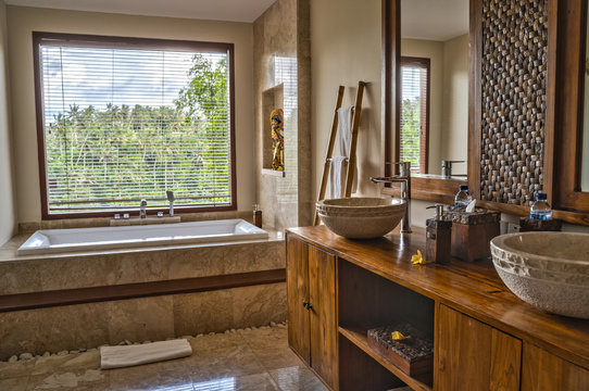 Ubud, Bali, Indonesia - January 2019: Luxury Hotel Bathroom Interior With Elements Of Traditional Balinese Design