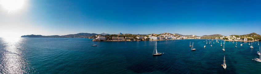Aerial view, view of the bay of Santa Ponsa with sailing yachts, Santa Ponca, Mallorca, Balearic Islands, Spain
