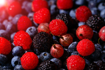 Amazing composition of red raspberries and gooseberries on background of blue blueberries. Ripe and juicy fresh berries, close-up. Top view of raspberry and gooseberry in the plate.