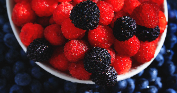 Assortment of fresh red and black berries. Top view of raspberries in the plate on background of blueberries. Ripe and juicy fresh raspberries close-up. Conceptual food picture.