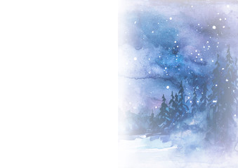 Watercolor painting, illustration, greeting card. Forest, suburban landscape, silhouettes of fir trees, pines, trees and bushes, the night sky with stars. Blue, purple color. Misty Mystical Forest