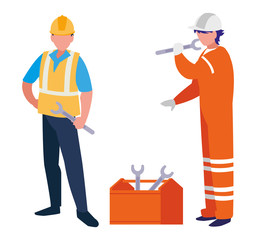 couple of men builders working with toolbox
